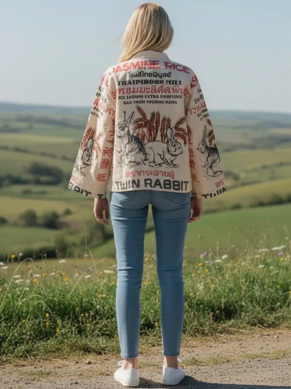 Boho Graphic Kimono Jacket in Cream with Red & Black Print